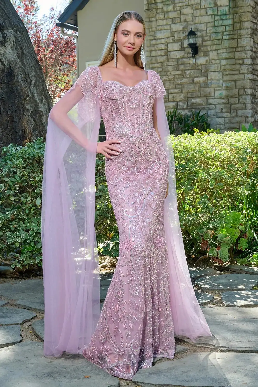 GLS Collective dusty rose fully beaded fitted gown with cape sleeves and a square neckline