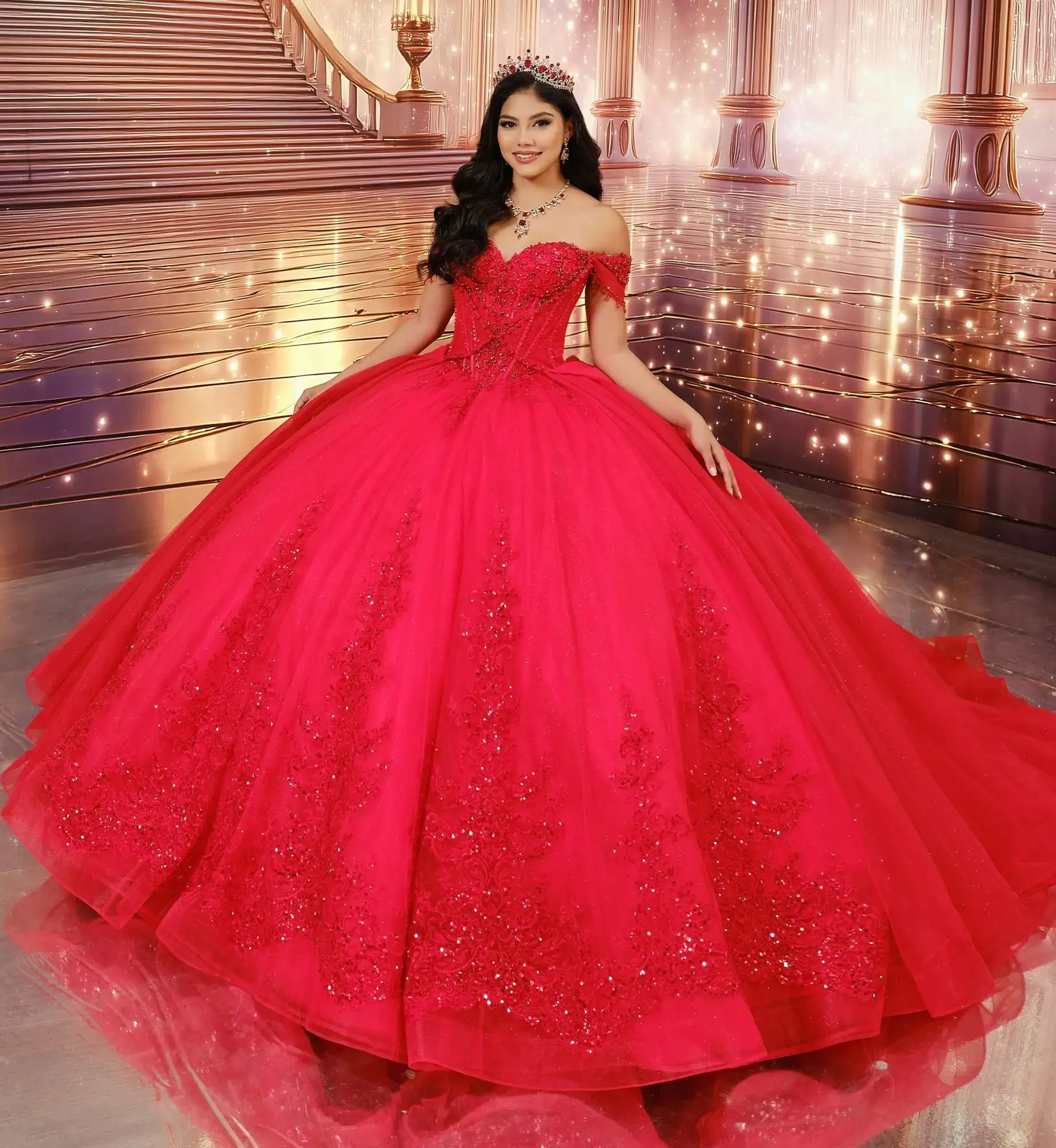 Princesa by Ariana Vara red ball gown with an off-the-shoulder beaded bodice and glitter tulle skirt