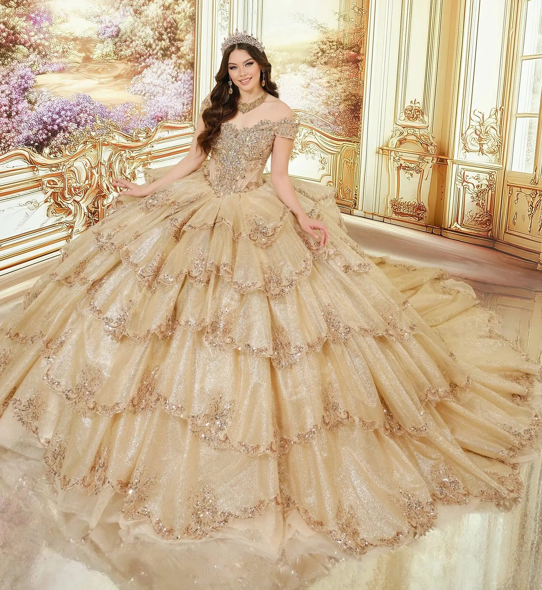Princesa by Ariana Vara champagne gold ball gown with tiered ruffles and beaded lace trim