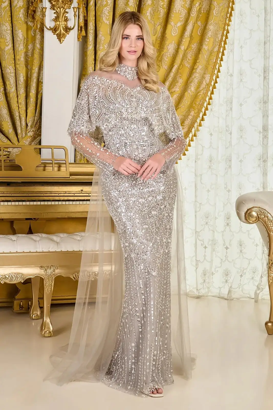 GLS Collective silver fully beaded column gown with a sheer high-neck cape collar and long sleeves