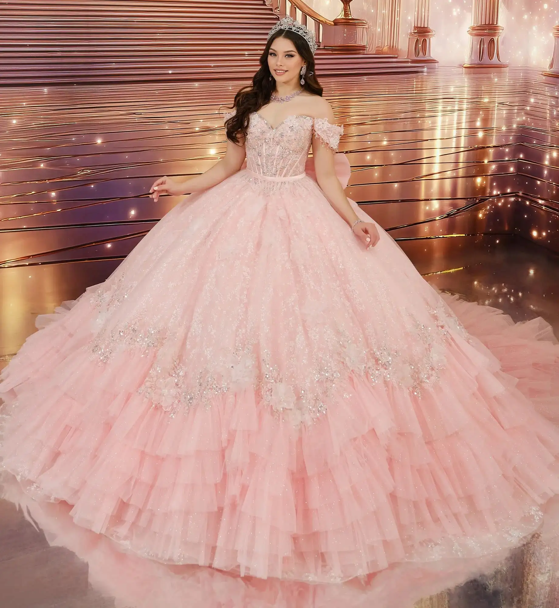 Princesa by Ariana Vara blush ball gown with 3D floral lace and a corset bodice