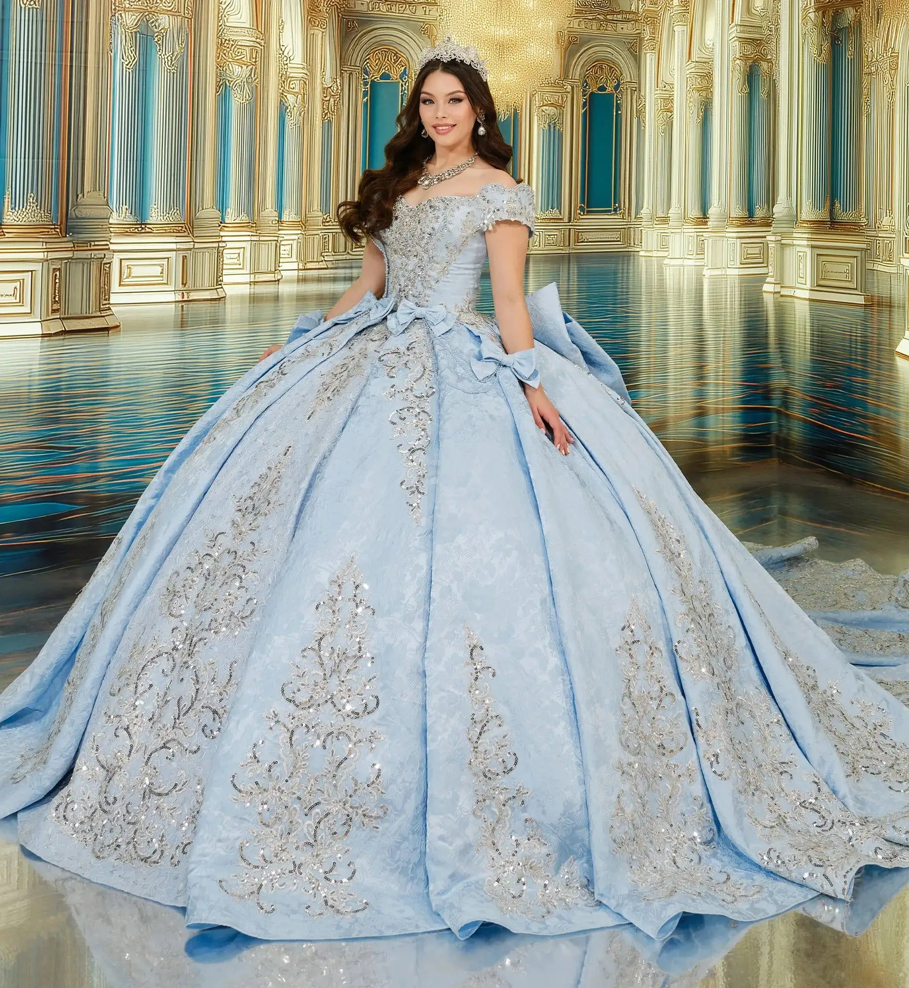 Princesa by Ariana Vara light blue ball gown with silver sequin embroidery and satin bows