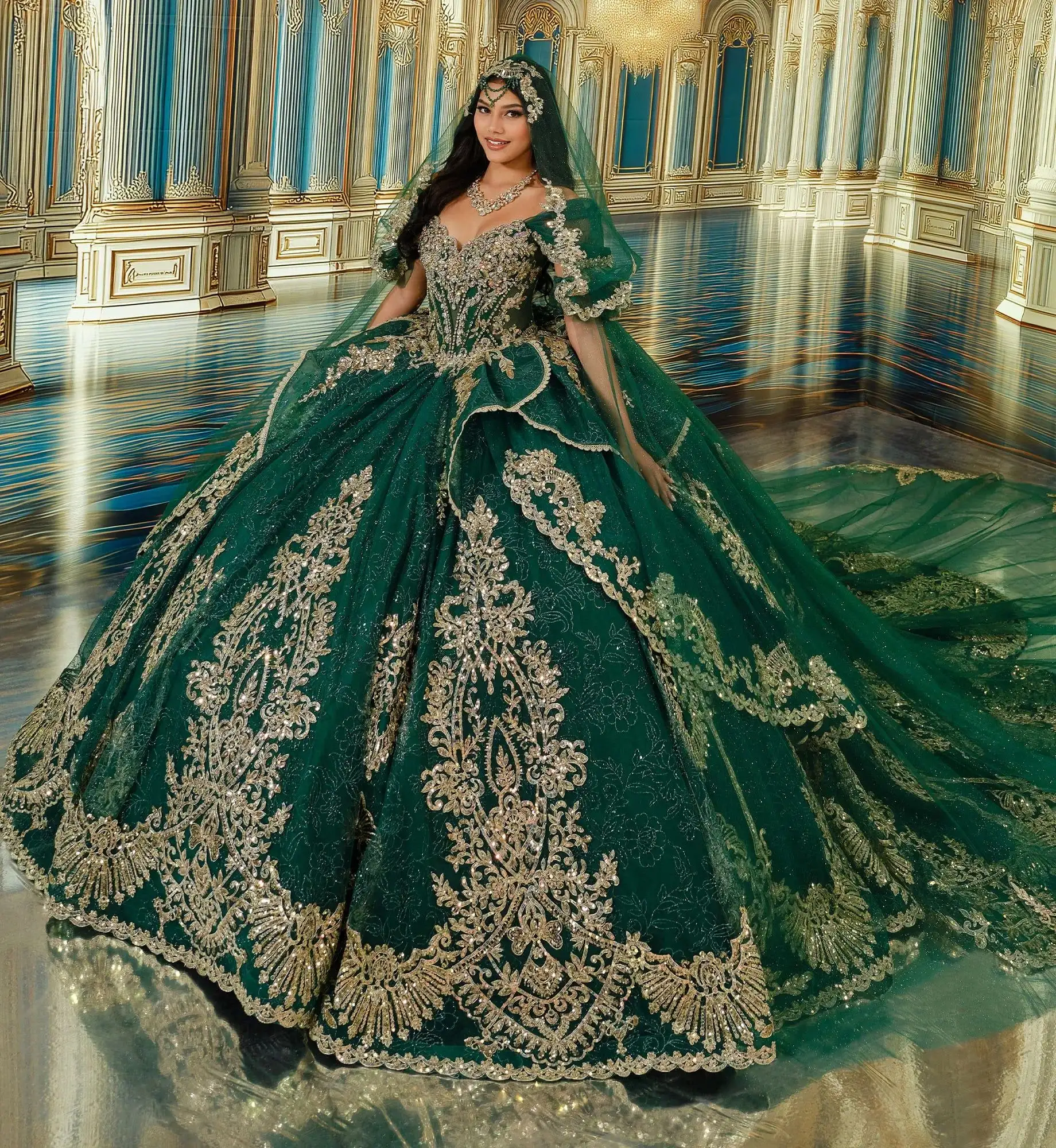 Princesa by Ariana Vara emerald ball gown with gold lace appliqué and puff sleeves