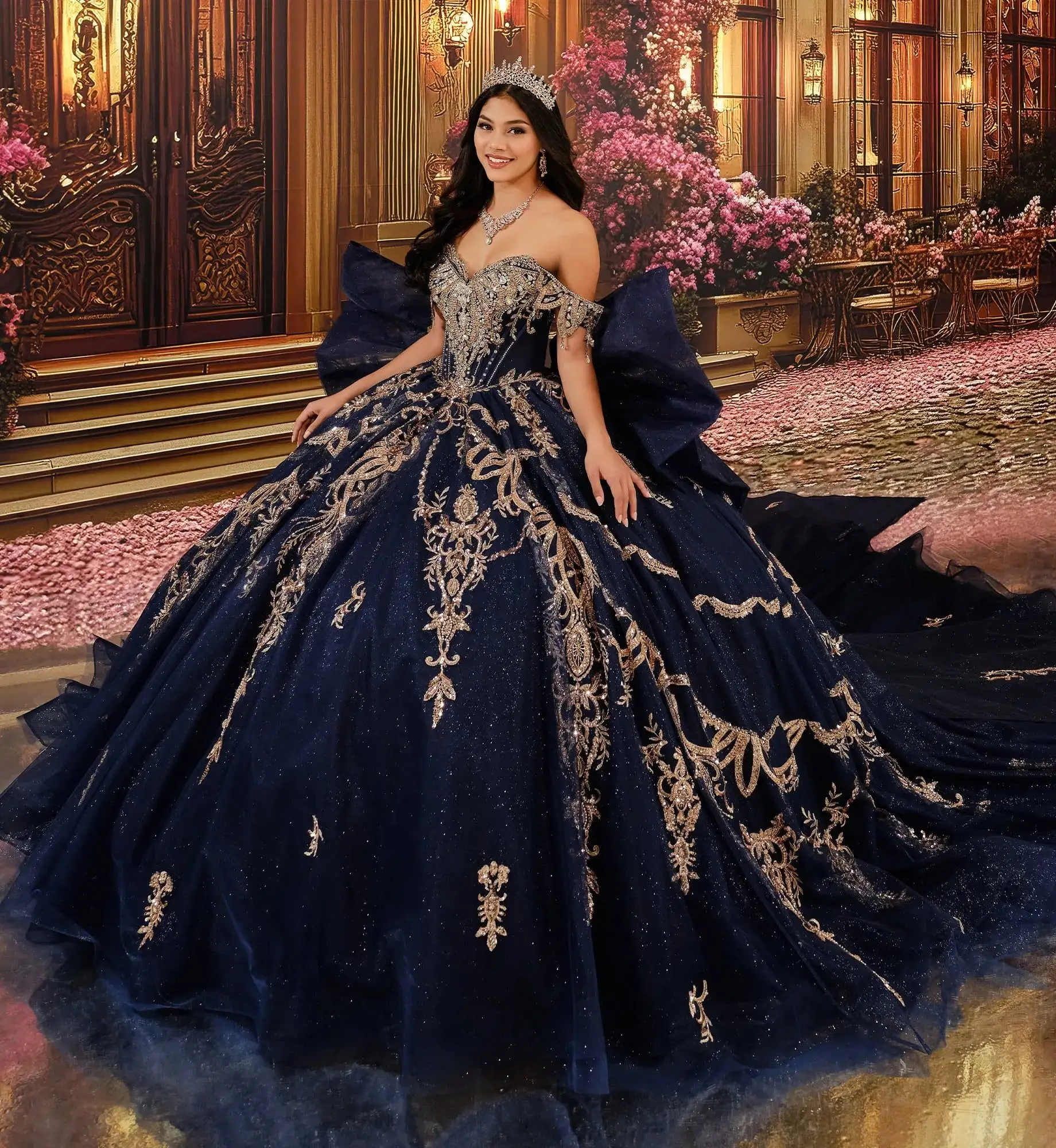 Princesa by Ariana Vara navy ball gown with rose gold beaded lace and an oversized bow