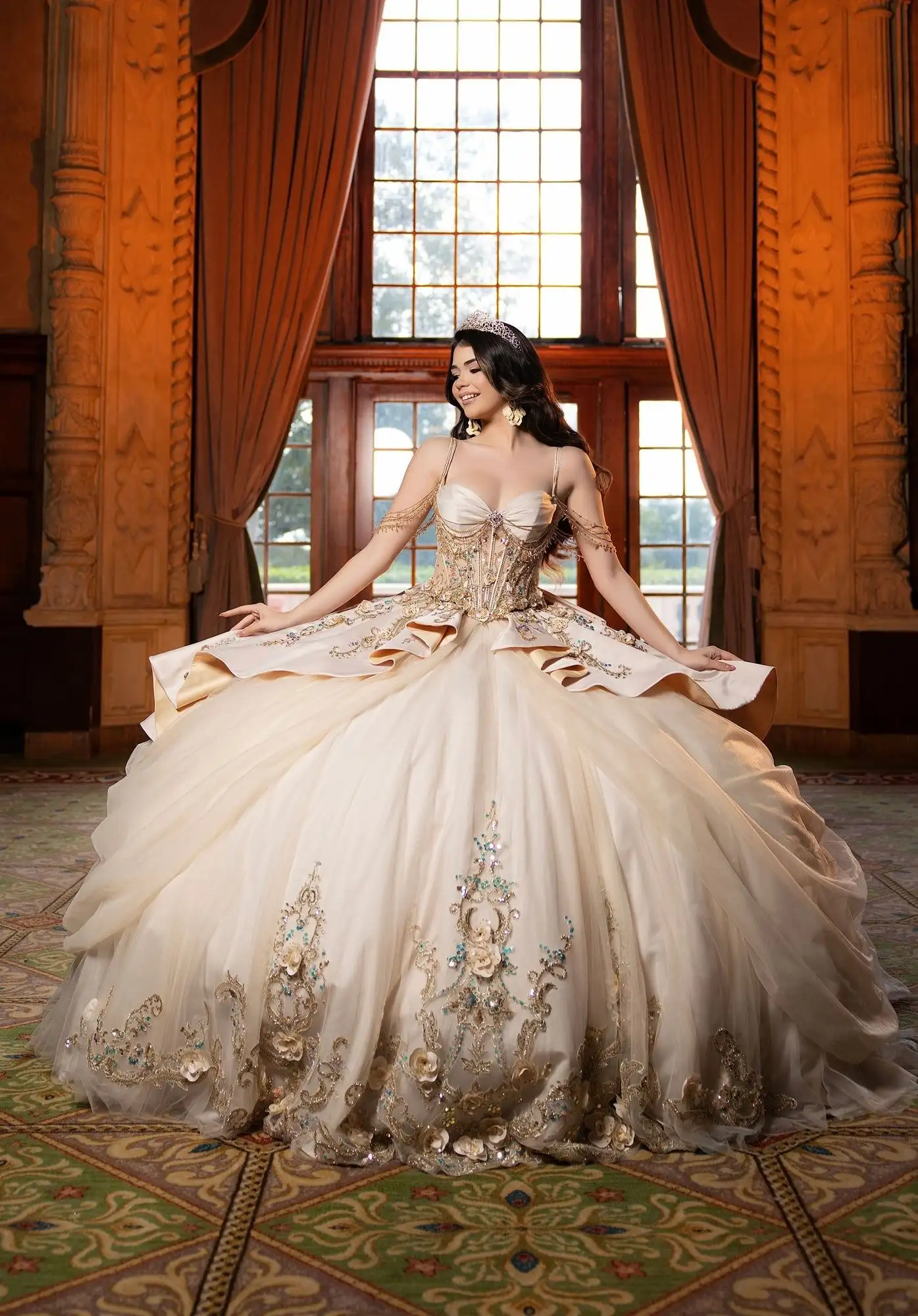 Morilee champagne quinceañera ball gown with a jeweled corset and a satin peplum flip skirt