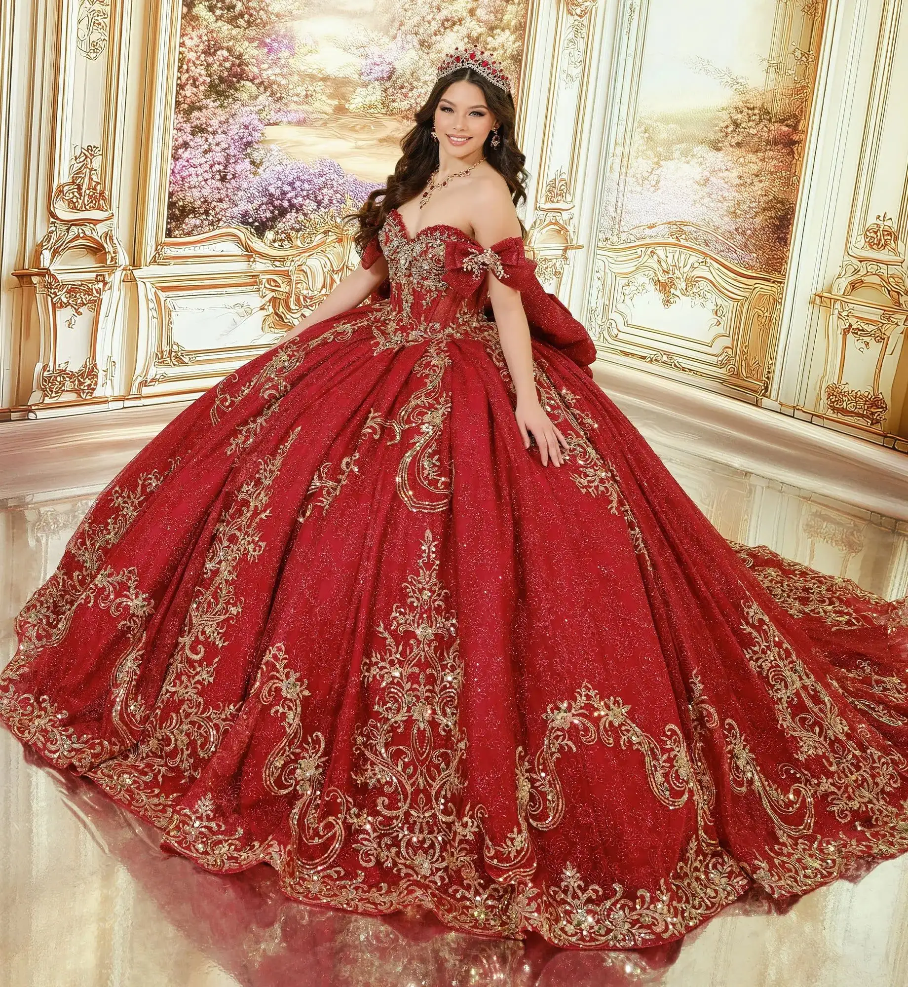 Princesa by Ariana Vara wine red ball gown with gold lace appliqué and an off-the-shoulder bow